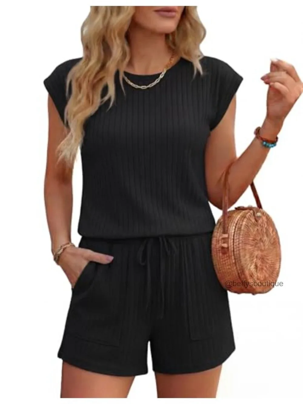 Women's Short Sleeve Jumpsuit with Pockets Summer Casual Crewneck Romper